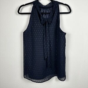 J Crew Tie Neck Halter Blouse Women 6 Navy Blue Silver Metallic Clip Dot